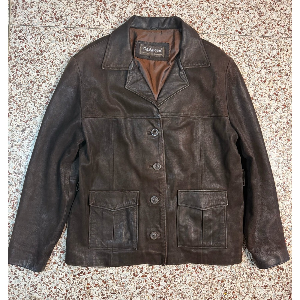 Oakwood Classic Mens Brown Leather Jacket Vintage Button Front Coat Large